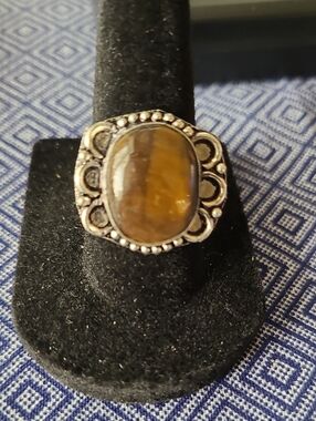 Sterling-Style Tiger's Eye Oval Statement Ring - Brown